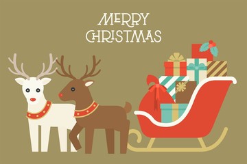 Christmas reindeer with collar and pile of present boxes on Santa's sleigh, flat design vector for merry christmas
