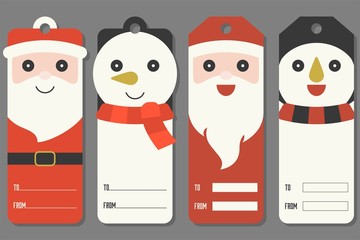 cute tags of Santa Claus and snowman for hanging or use with present boxes, flat design
