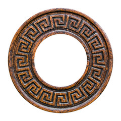 Round brown wooden decorative element with ornament on white background, isolated
