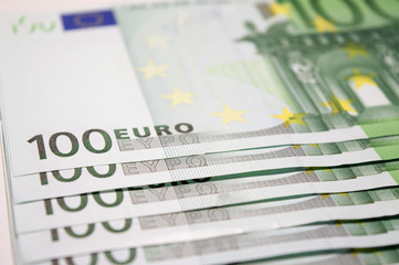 European Union currency: one hundred euro banknotes close up