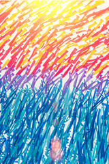 Multicolor strips of cloth hanging on a string in the sunlight, background