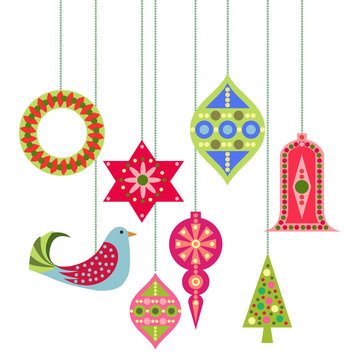 Christmas And New Year Decorations Vector Set. New Year Background. Vintage Colorful Hanging Christmas Balls, Stars, Birds, Bells and Trees.
