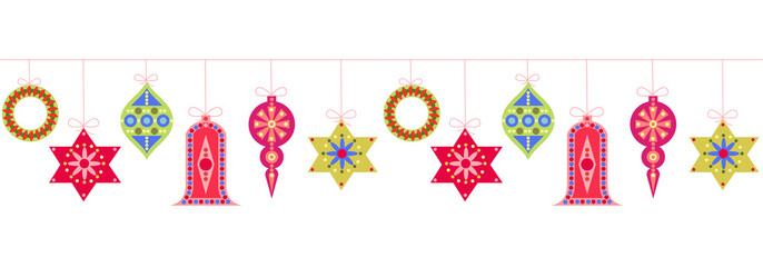 Christmas Horizontal Seamless Background. New Year Decorations Vector. Vintage Colorful Hanging Christmas Balls Garlands, Stars, Birds, Bells and Trees.