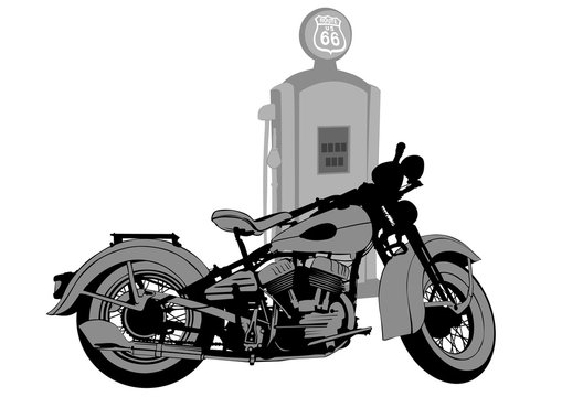 Old motorcycle at a gas station on a white background
