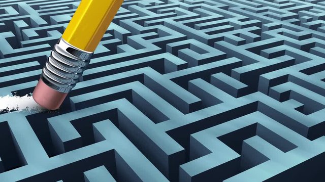Solving a problem and finding the best creative solution against a complicated and complex three dimensional maze having a clear shortcut path created by erasing the labyrinth with a pencil eraser.