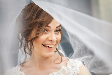 Portrait of happy bride with white veil over her face.