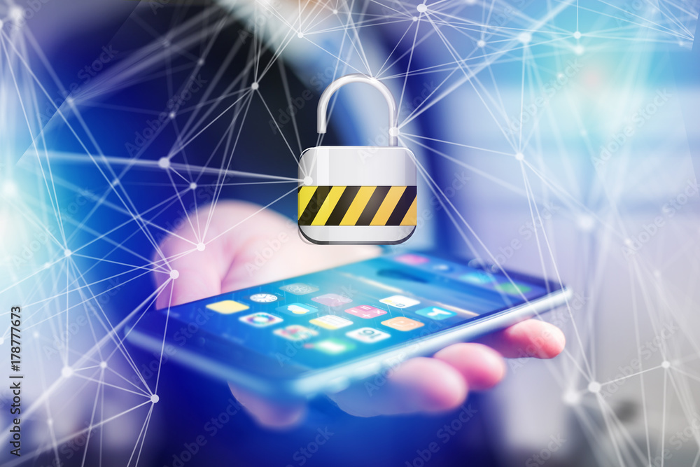 Poster padlock security connection displayed on a futuristic interface with network around- connection conc