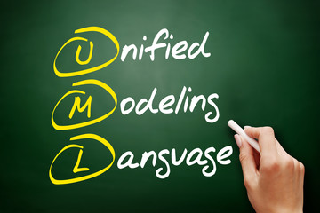 UML - Unified Modeling Language, acronym business concept on blackboard