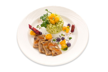 Tartar from apple celery with dried fruit sherbet. Molecular modern cuisine vegetable salad tartare