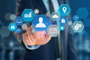 Business network application displayed on a futuristic interface