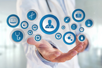 Medecine and general healthcare icon displayed on a technology medical interace interface