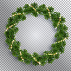 Christmas fir-tree wreath and holly glowing lights. Golden shining sparks. Transparent background. Realistic illustration. Vector EPS10. - 178777856