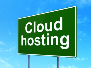 Cloud technology concept: Cloud Hosting on green road highway sign, clear blue sky background, 3D rendering