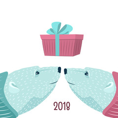 Polar bears hand drawn cartoon characters. Boar sow male female couple pair loving family. New Year Christmas holiday gift present in a box decorated with ribbon bow. Blue purple on white background.