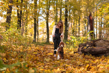 Fototapeta premium Beautiful girl with dog in the park.