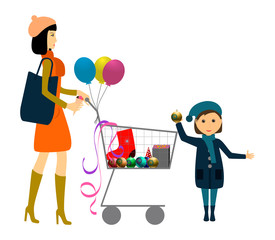 Mom and child are buying presents in a supermarket with a food basket for a happy new year and merry Christmas. Vector.