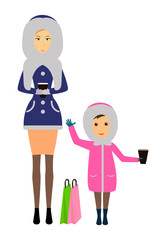 Mom with a child with a glass of coffee and packages for a happy new year and a merry Christmas. Vector.