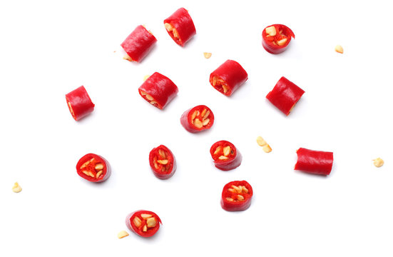 Sliced Red Hot Chili Peppers Isolated On White Background Top View