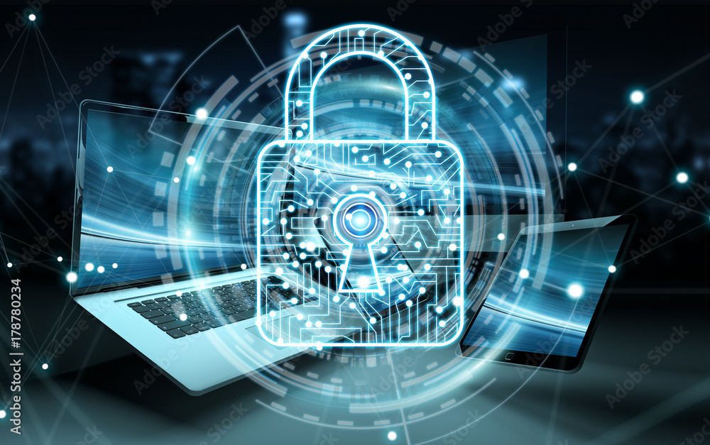 Poster Antivirus interface over modern tech devices 3D rendering