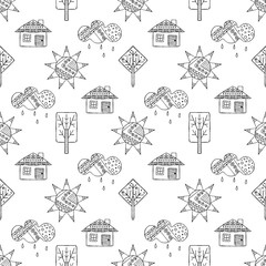 Vector hand drawn seamless pattern, decorative stylized childish house, tree, sun, cloud, rain Doodle style, graphic illustration Childlike cute cartoon, hand drawing