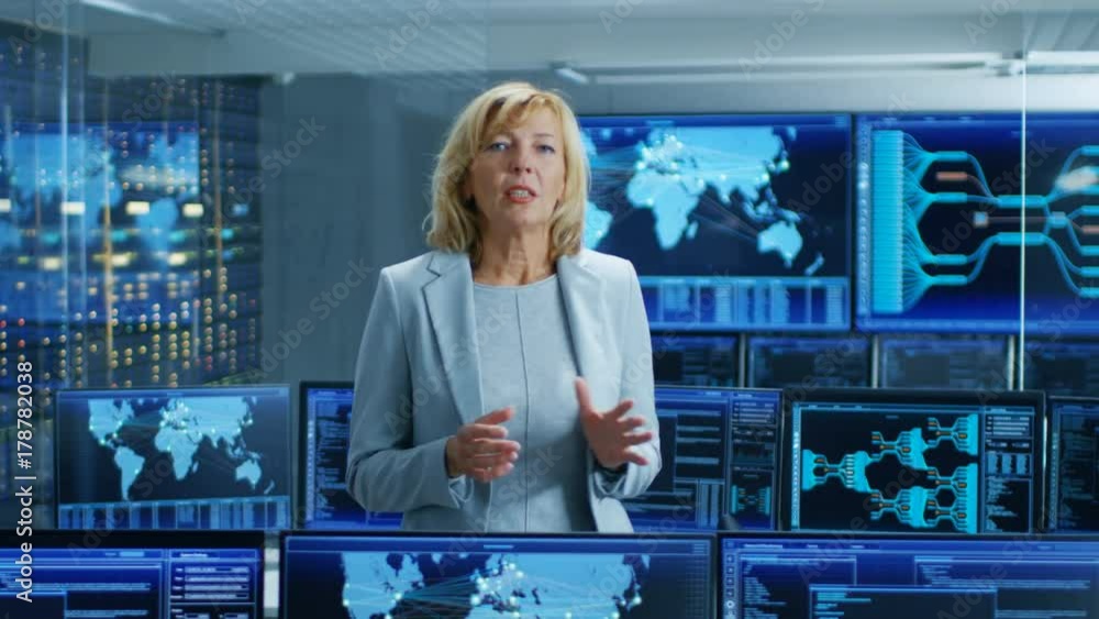 Fototapete In the System Control Room Female Chief Engineer Describes Her Project Talking into the Camera. In the Background Multiple Screens Showing Interactive Data. Shot on RED EPIC-W 8K Helium Cinema Camera.