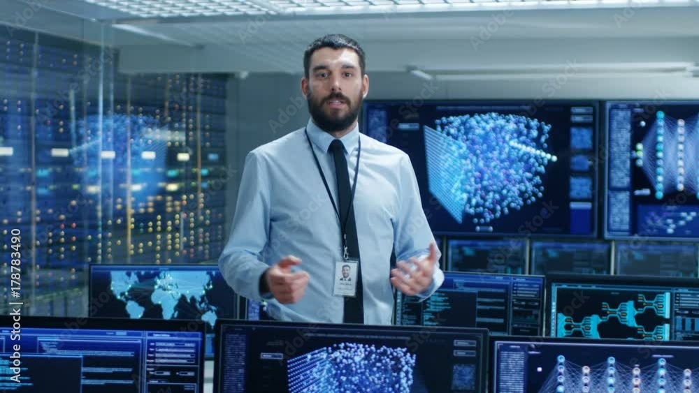 Poster In the Artificial Intelligence Engineering Laboratory Scientist Excitedly Describes Project He's Working on. Background Shows Screens with High-Tech Futuristic Designs. 
