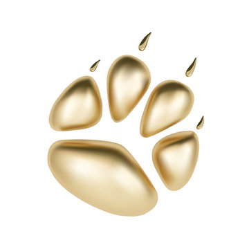 Vector Golden 3D paw print of animal logotype or icon isolated on white background. Dog paw footprint logo. 2018 Year of Dog