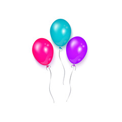 Three shiny colorful balloons, birthday party decoration element, realistic vector illustration isolated on white background. Bunch, group of colorful shiny balloons