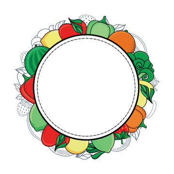 vector flat sketch style fresh ripe fruits, vegetables circle template, frame. Apple, lime bellpepper apple, watermelon pear, orange strawberry banana, broccoli. Isolated illustration white background