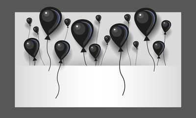 Flat black air balloons background. Black balloons fly in space between layers for text.