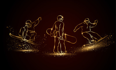 Fototapeta na wymiar Gold Snowboarder set. Golden linear snowboard sport illustration for sport banner, background and flyer.