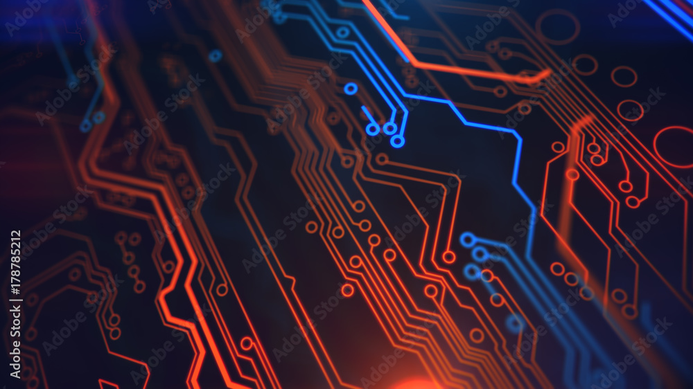 Poster orange, yellow, blue, background with digital integrated network technology printed circuit board te