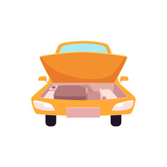 vector flat cartoon funny stilyzed yellow colored sedan car with open hood front view. Isolated illustration on a white background. Road motor vehicle transport.