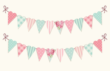 Cute vintage heart shaped shabby chic textile bunting flags