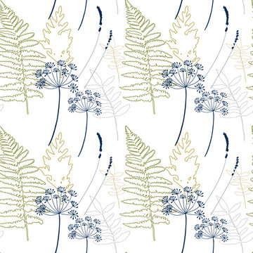 Floral vector seamless pattern with dill and lavender flowers, fern leaves and evergreen pine tree branches.