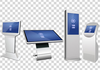 Set of Promotional Interactive Information Kiosk, Advertising Display, Terminal Stand, Touch Screen Display. Mock Up Template.