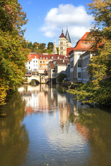 Fototapeta premium Esslingen Germany view from maille bridge to Innere Brücke and Stadtkirche