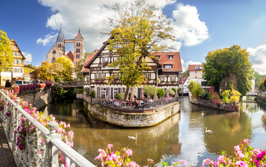 Esslingen Germany scenic view of medieval town center with Alte Zimmerei and Stadtkirche