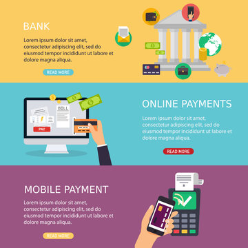 Flat design vector illustration concepts of online payment methods. Internet banking, purchasing and transaction, electronic funds transfers and bank wire transfer.
