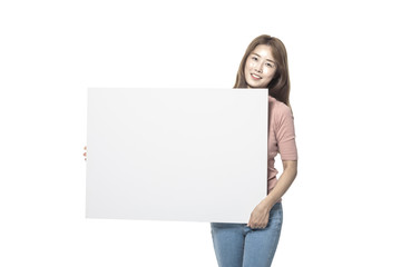 Obraz na płótnie Canvas sexy asian woman hand hold a empty(blank) board isolated white.