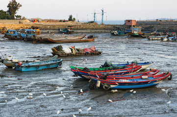Fototapeta na wymiar Low tide in harbour, boats be stranded