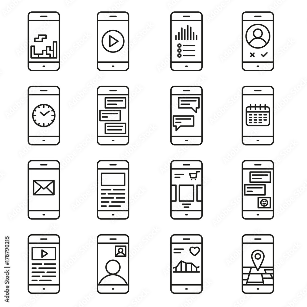 Aufkleber smart phone functions and apps vector icon set in outline style. mobile collection sign line illustr