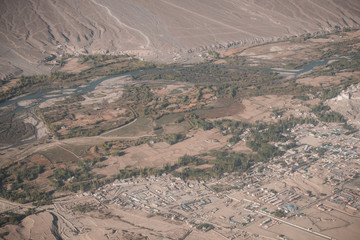 Top view image of Ladakh city and Indus river