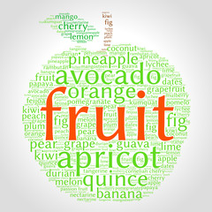 Fruit. Word cloud in shape of apple, italic font, grey gradient background. Food.
