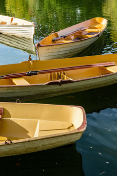 A fleet of rental rowboats bound to one another at the end of the day on the Lower Lake in the Bois de Boulogne in Paris.