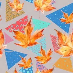 Poster Autumn watercolor leaves on geometric background with doodles. © Tanya Syrytsyna