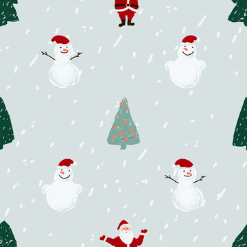 Seamless pattern with Santa, snowmen and Christmas trees