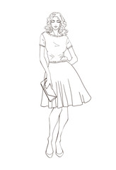 Line art: Girl with handbag. Closed eyes. Vector illustration for book coloring. 