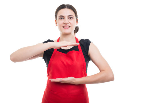 Sales woman showing something invisible in hands