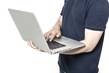 business man stand up and han hold a silver notebook isolated white